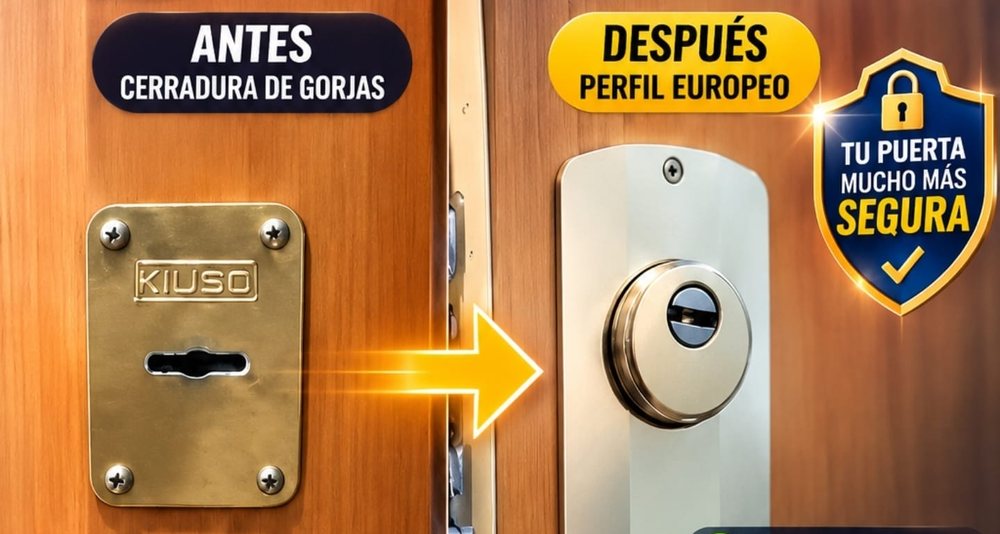 Conversión de cerradura de gorjas a perfil europeo, antes y después, en Madrid